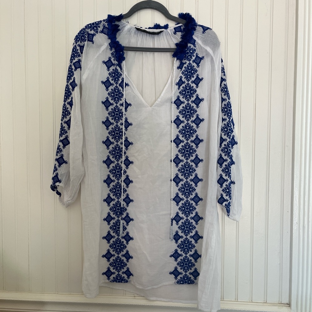 Zara White Swim Cover Up Blue Fringe Boho Beach Resort Wear S